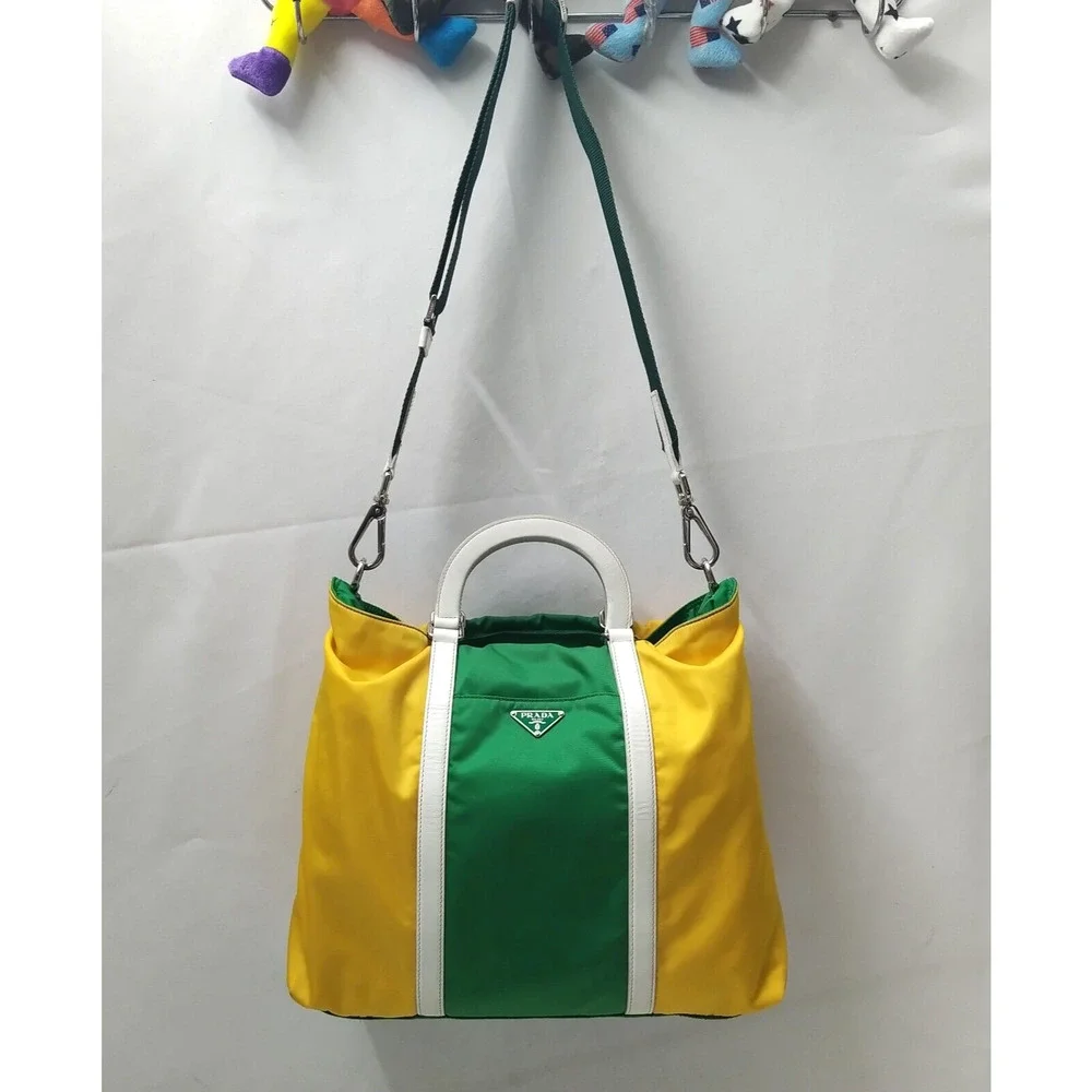 PRADA Two-Way Yellow Green Nylon Top Handle Zipper Satchel Crossbody Bag